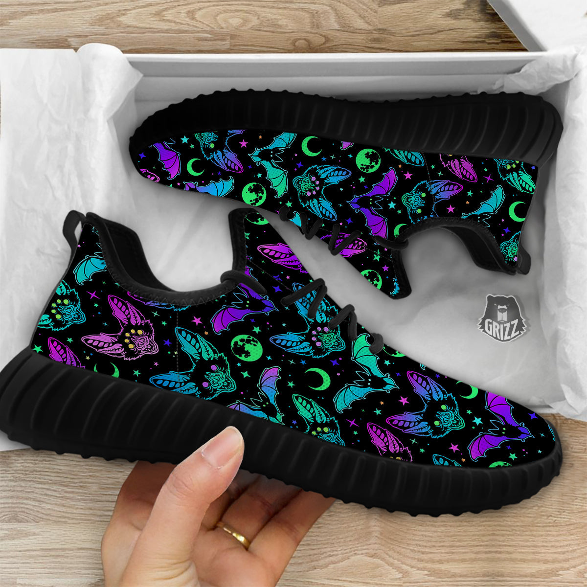 Multicolored Bats Print Pattern Black Walking Shoes-grizzshop