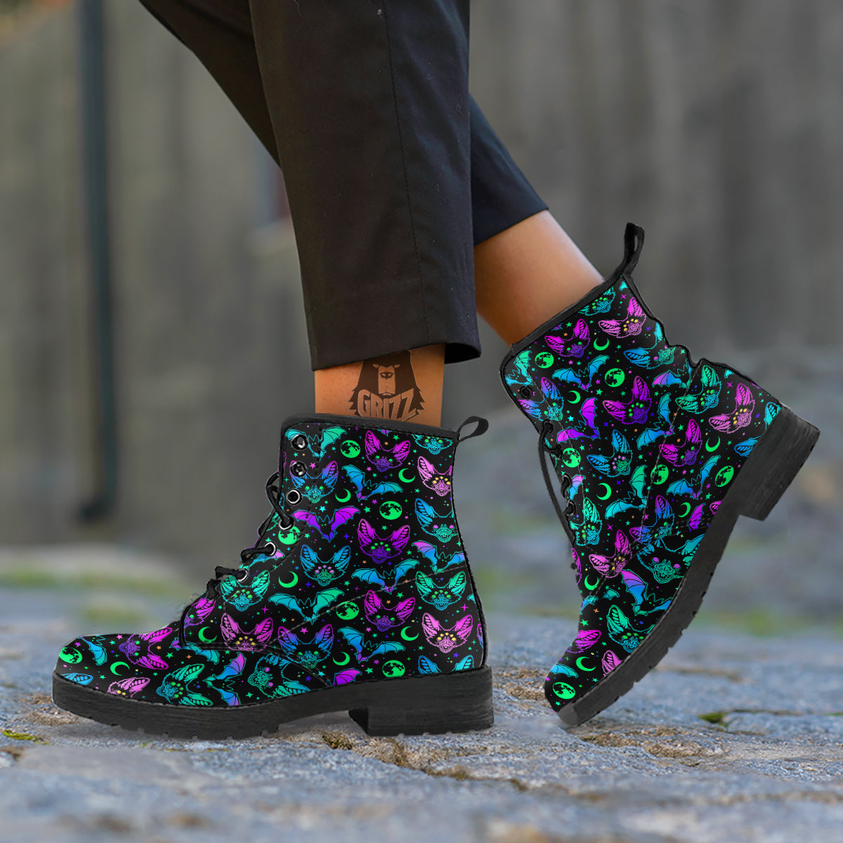 Multicolored Bats Print Pattern Leather Boots-grizzshop