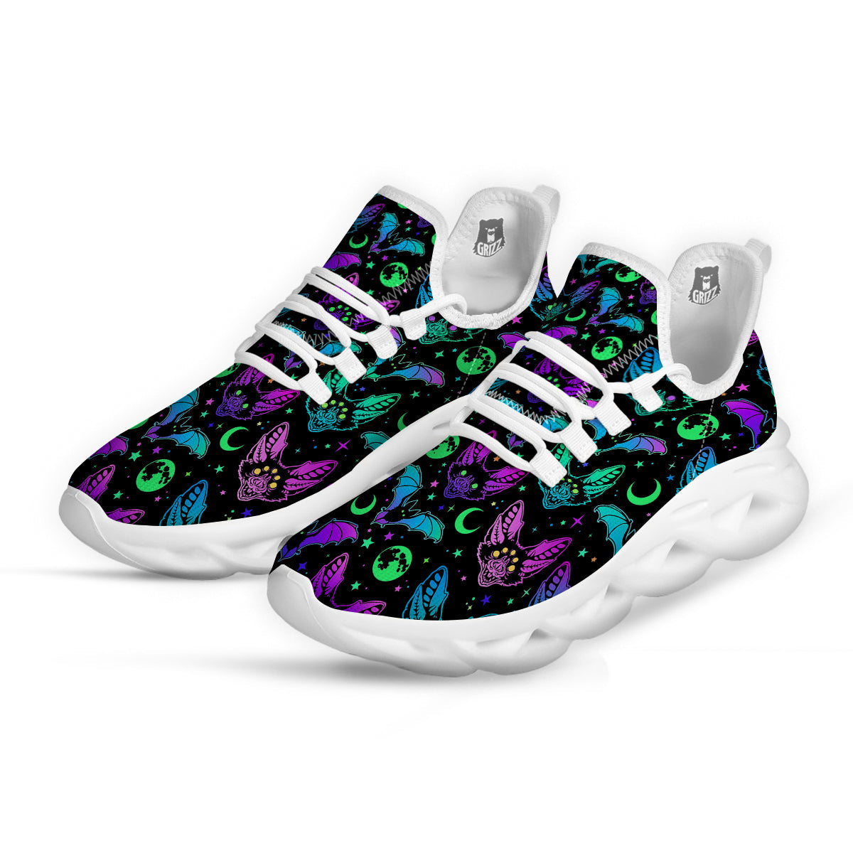 Multicolored Bats Print Pattern White Running Shoes-grizzshop