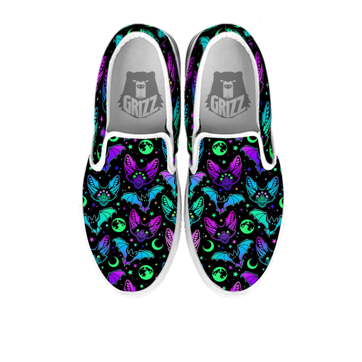 Multicolored Bats Print Pattern White Slip On Shoes-grizzshop