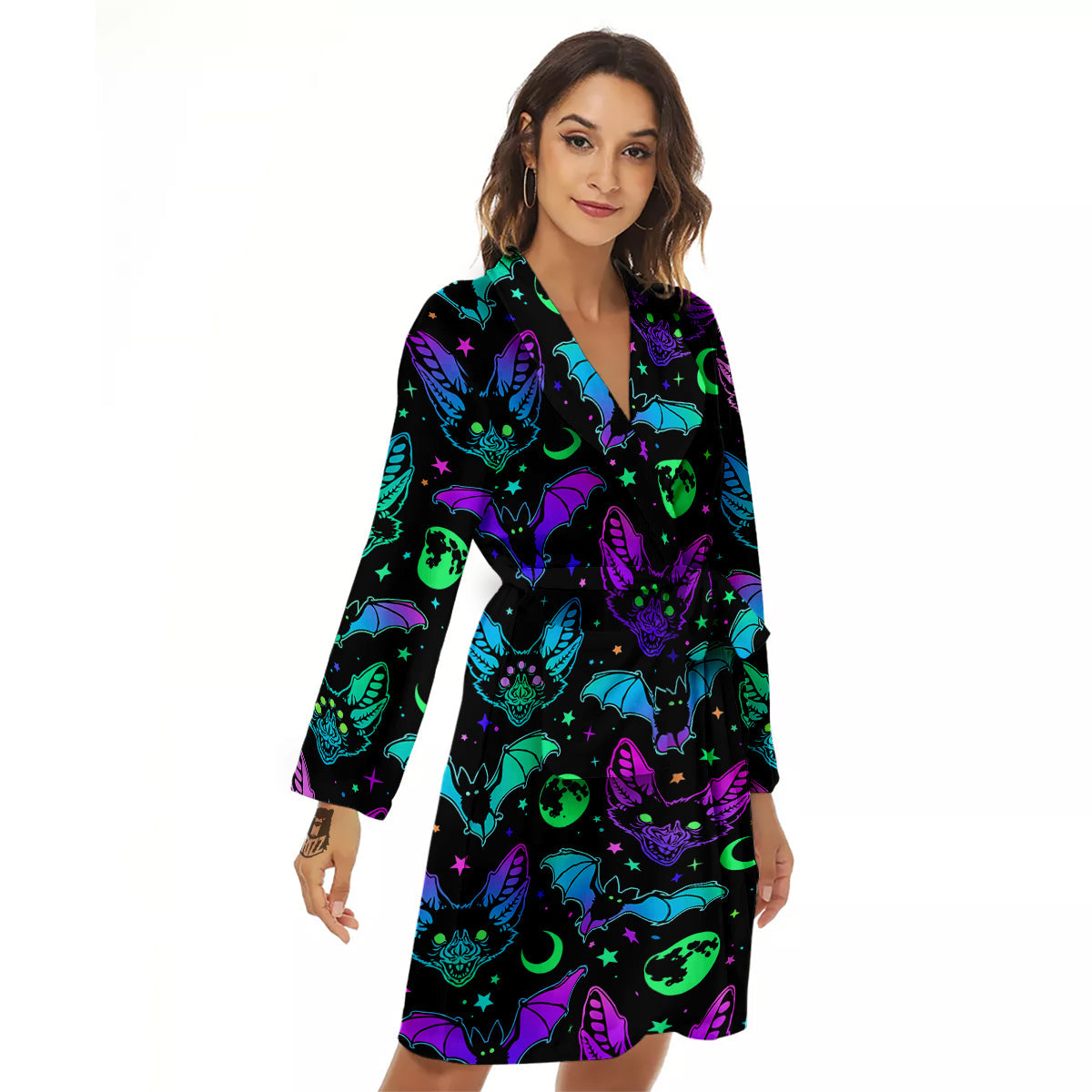 Multicolored Bats Print Pattern Women's Robe-grizzshop