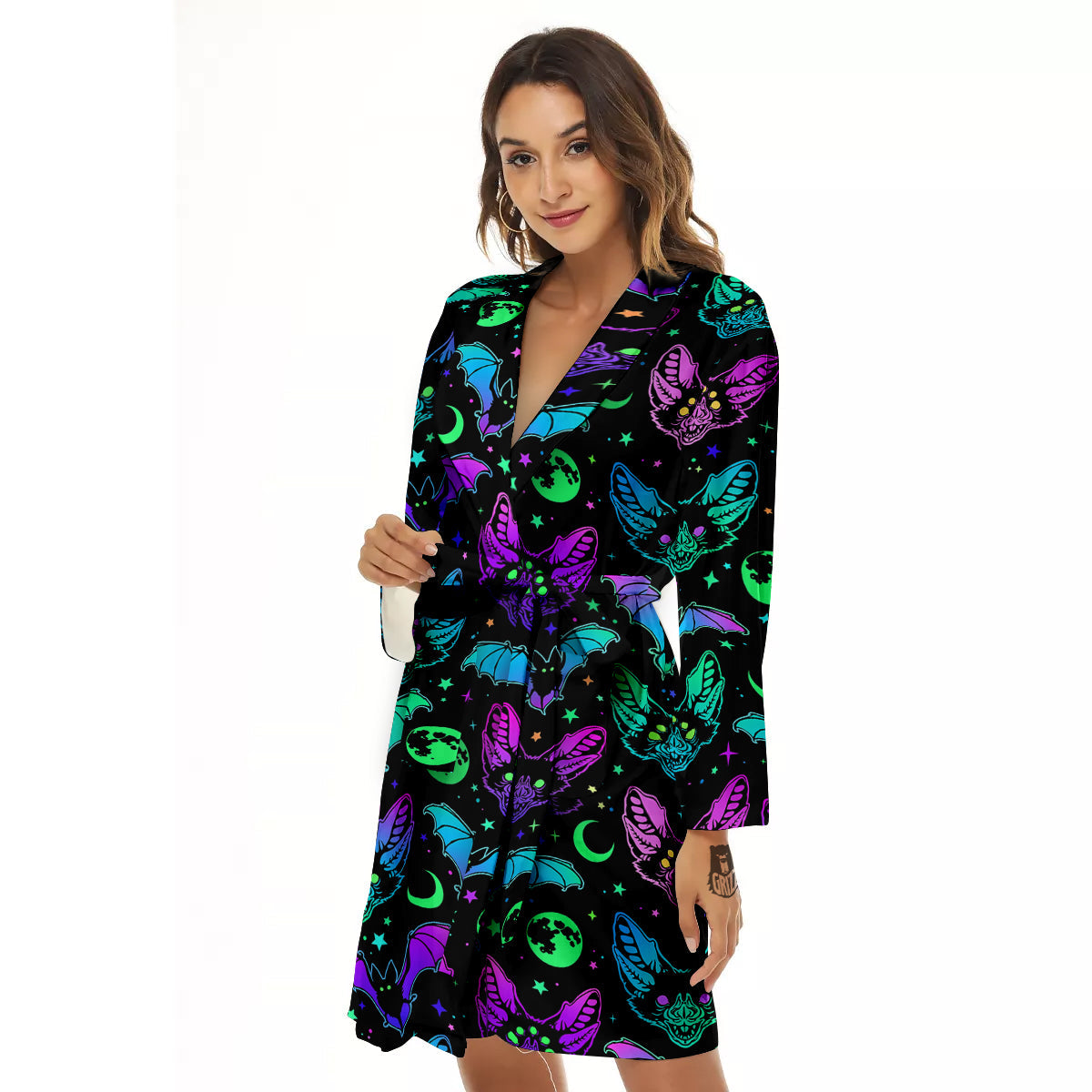 Multicolored Bats Print Pattern Women's Robe-grizzshop