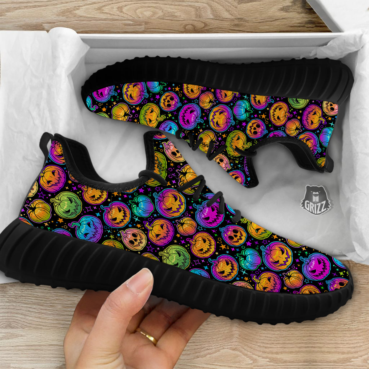 Multicolored Pumpkins Halloween Print Pattern Black Walking Shoes-grizzshop
