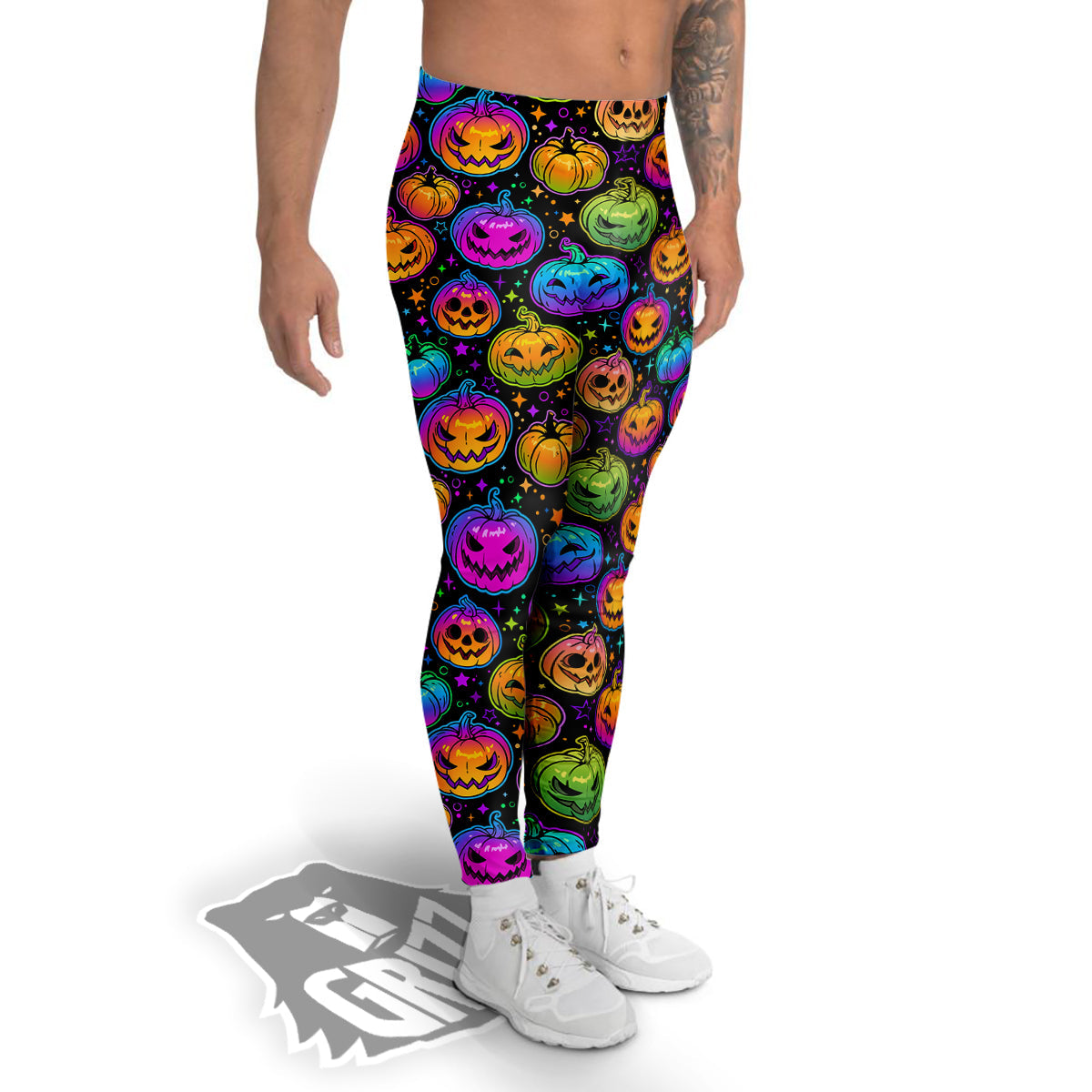 Multicolored Pumpkins Halloween Print Pattern Men's Leggings-grizzshop