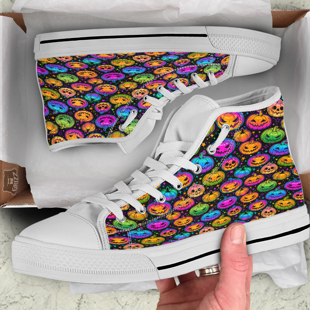 Multicolored Pumpkins Halloween Print Pattern White High Top Shoes-grizzshop