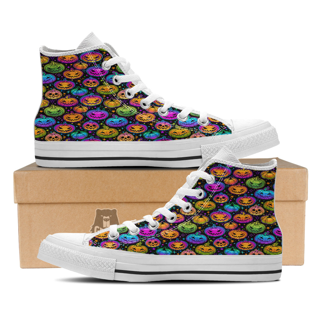 Multicolored Pumpkins Halloween Print Pattern White High Top Shoes-grizzshop