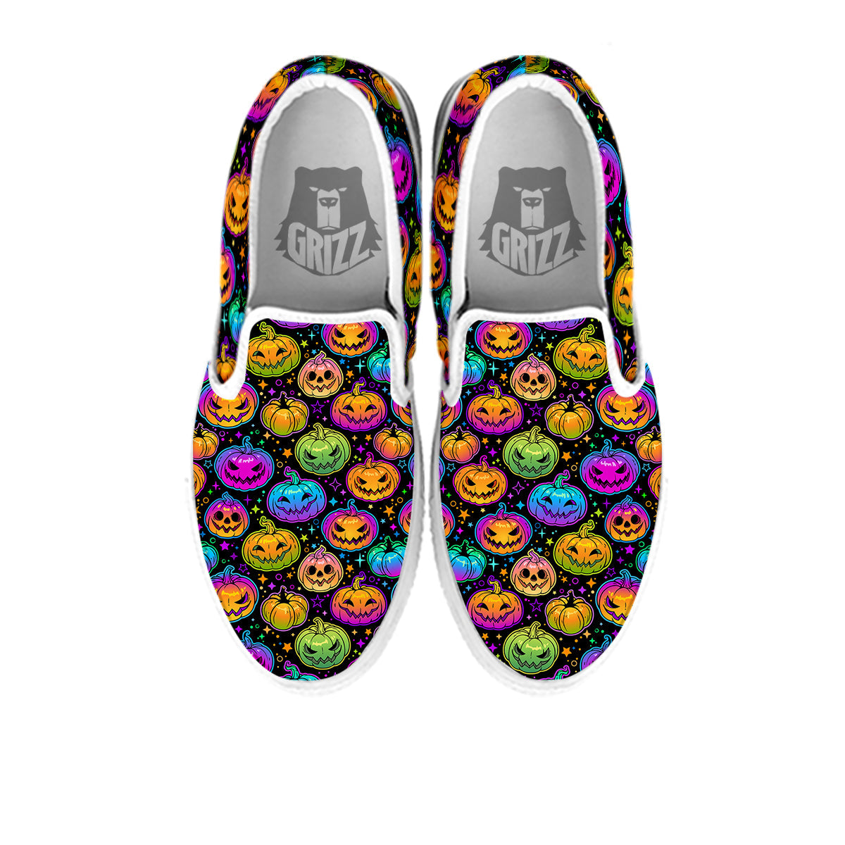 Multicolored Pumpkins Halloween Print Pattern White Slip On Shoes-grizzshop