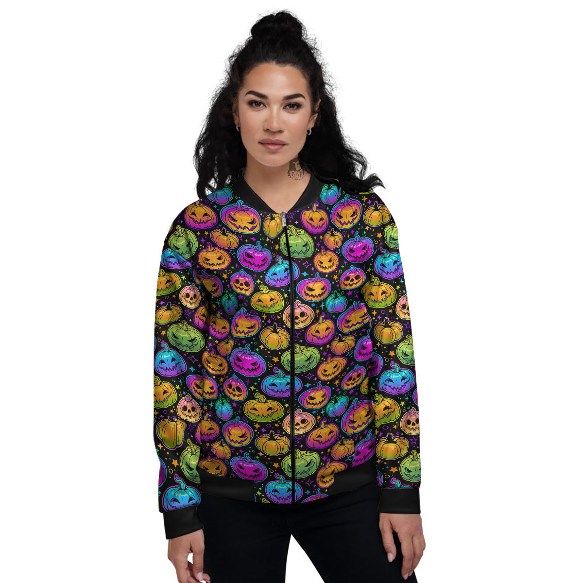 Multicolored Pumpkins Halloween Print Pattern Women's Bomber Jacket-grizzshop