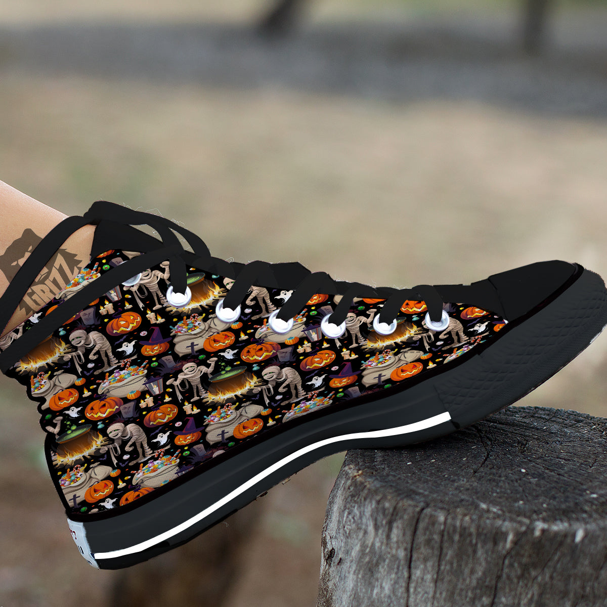 Mummy And Pumpkins Halloween Print Pattern Black High Top Shoes-grizzshop
