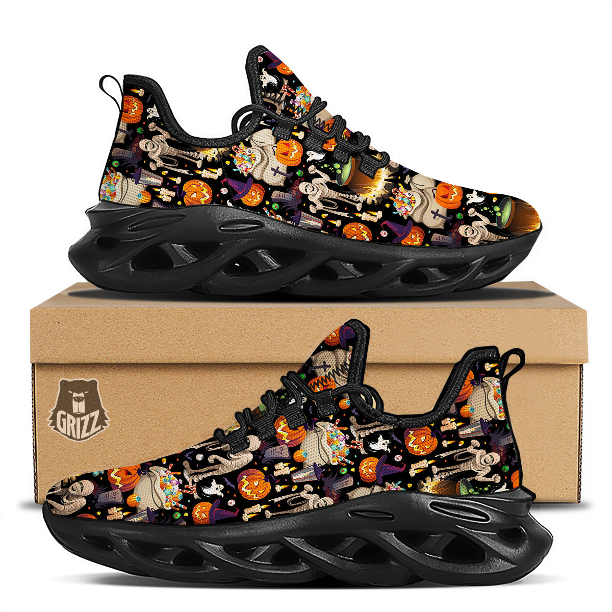 Mummy And Pumpkins Halloween Print Pattern Black Running Shoes-grizzshop