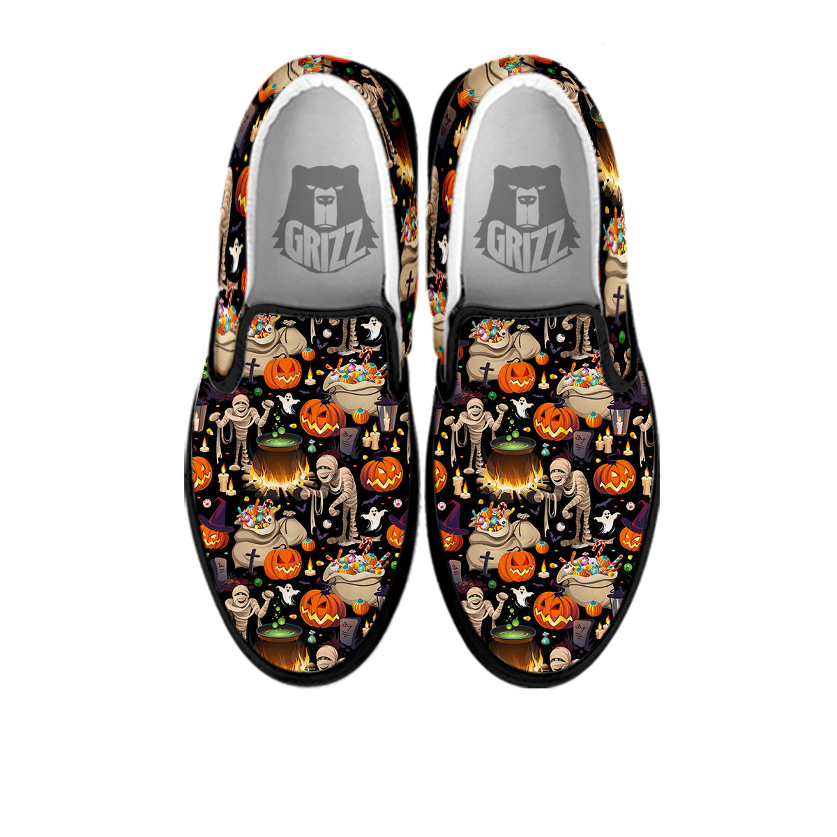 Mummy And Pumpkins Halloween Print Pattern Black Slip On Shoes-grizzshop