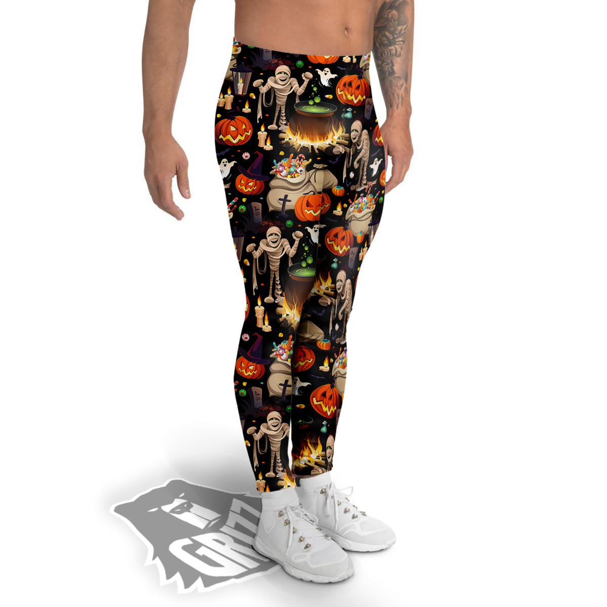 Mummy And Pumpkins Halloween Print Pattern Men's Leggings-grizzshop