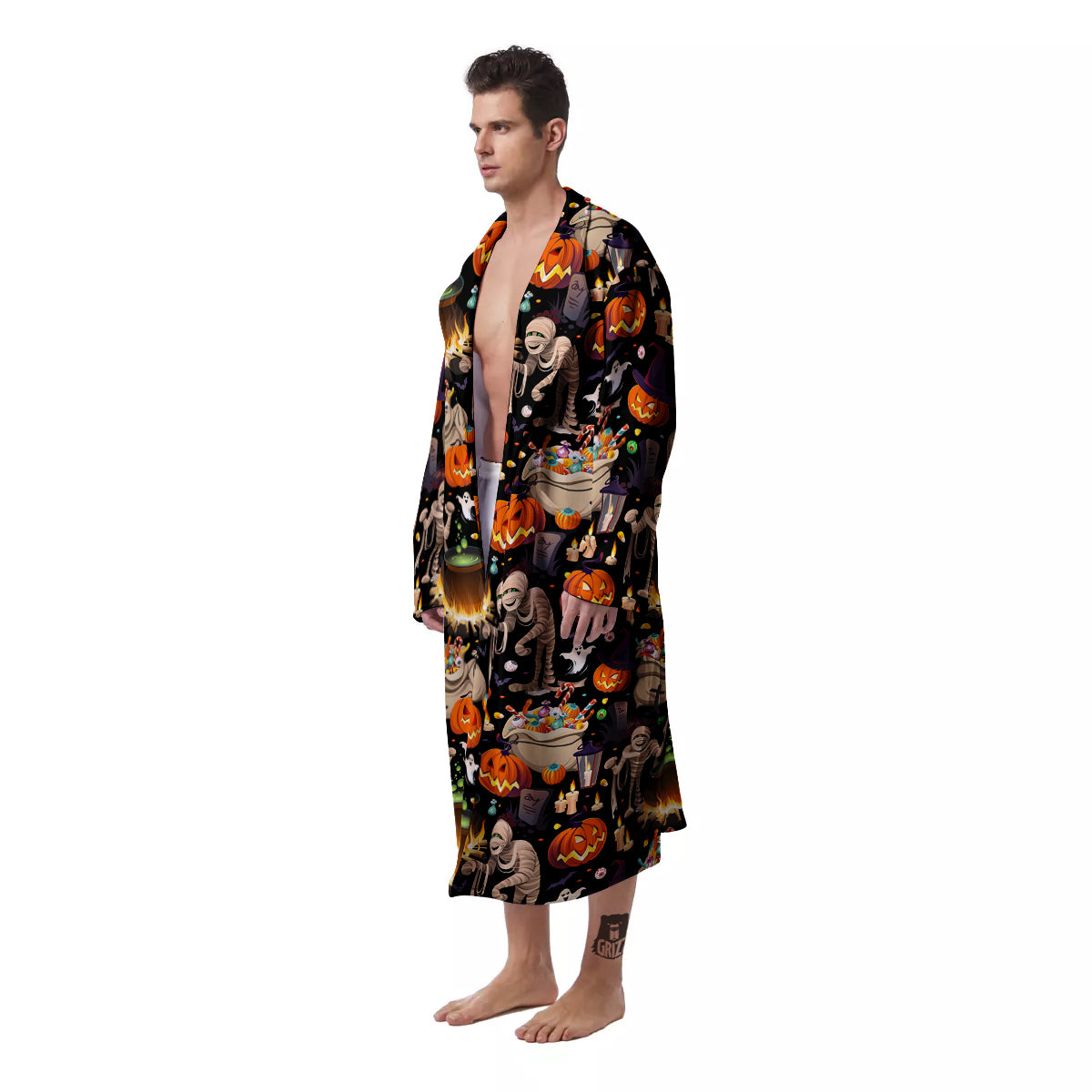 Mummy And Pumpkins Halloween Print Pattern Men's Robe-grizzshop