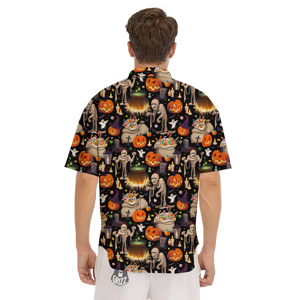 Mummy And Pumpkins Halloween Print Pattern Men's Short Sleeve Shirts-grizzshop