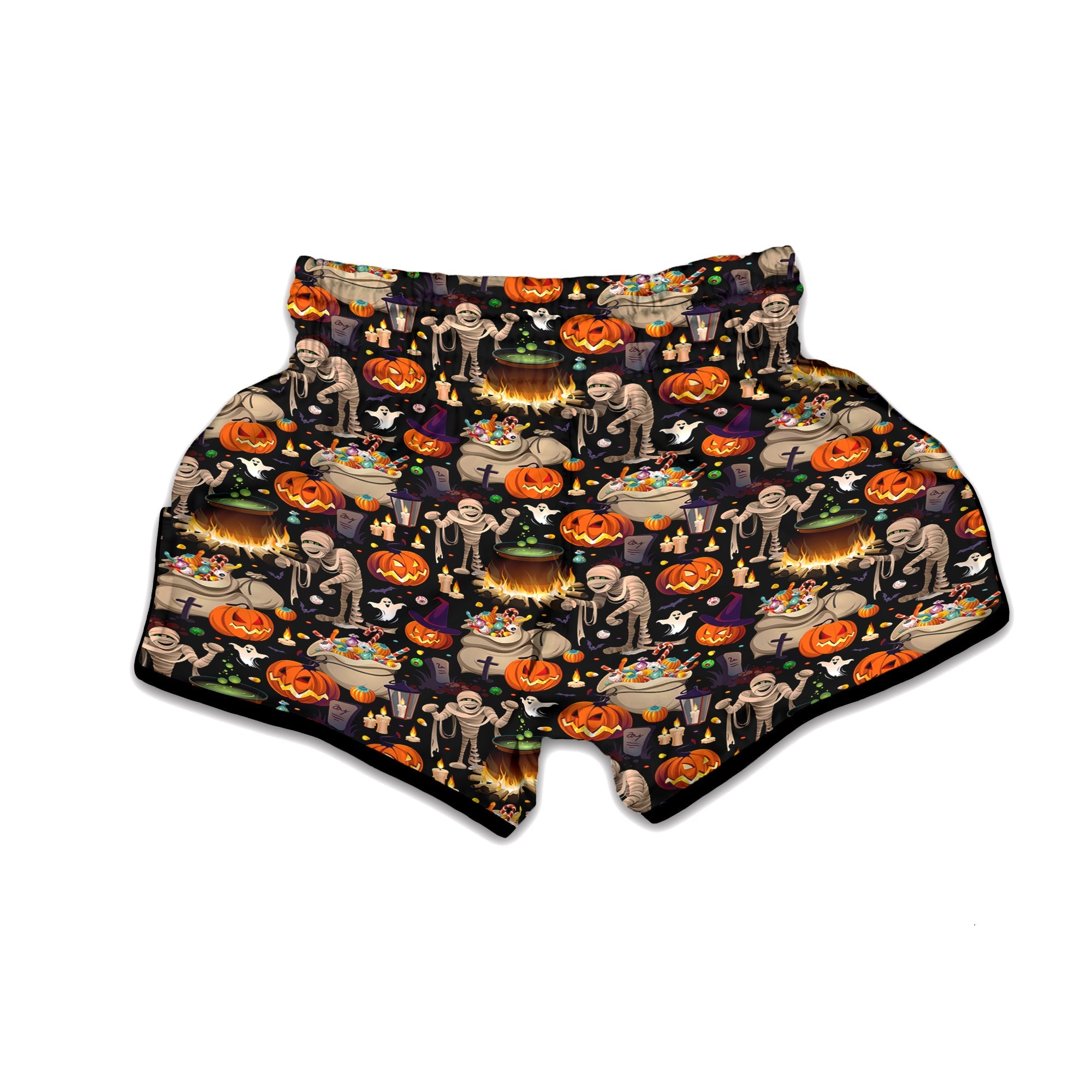 Mummy And Pumpkins Halloween Print Pattern Muay Thai Boxing Shorts-grizzshop