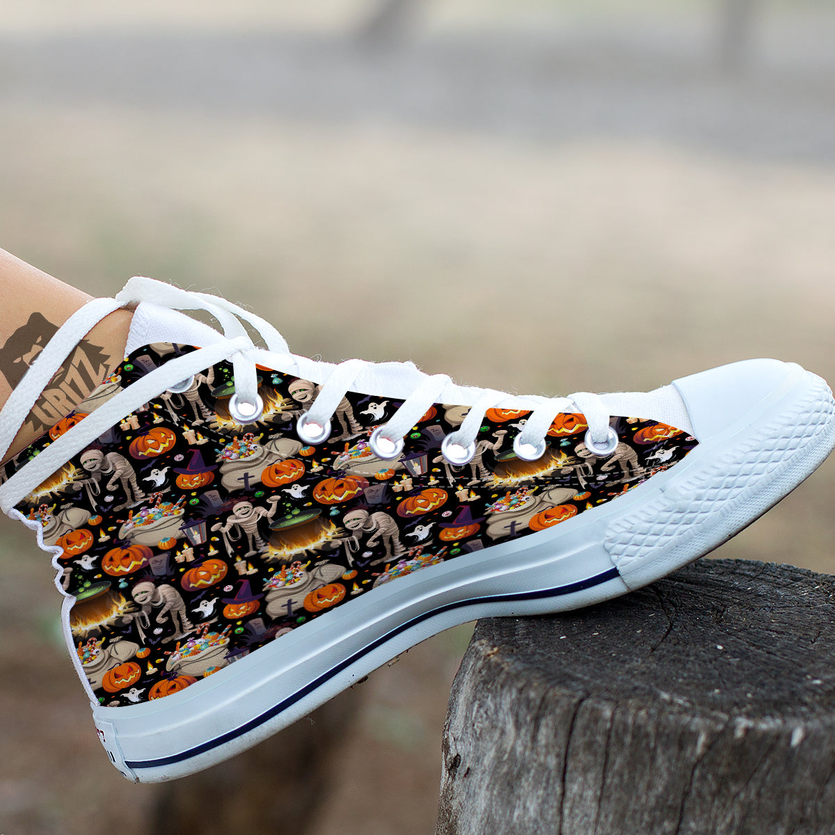 Mummy And Pumpkins Halloween Print Pattern White High Top Shoes-grizzshop