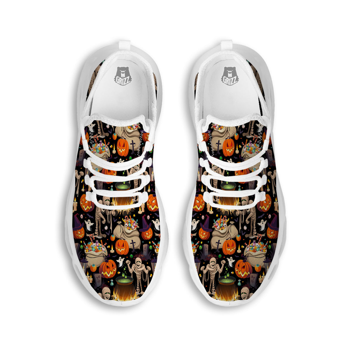 Mummy And Pumpkins Halloween Print Pattern White Running Shoes-grizzshop
