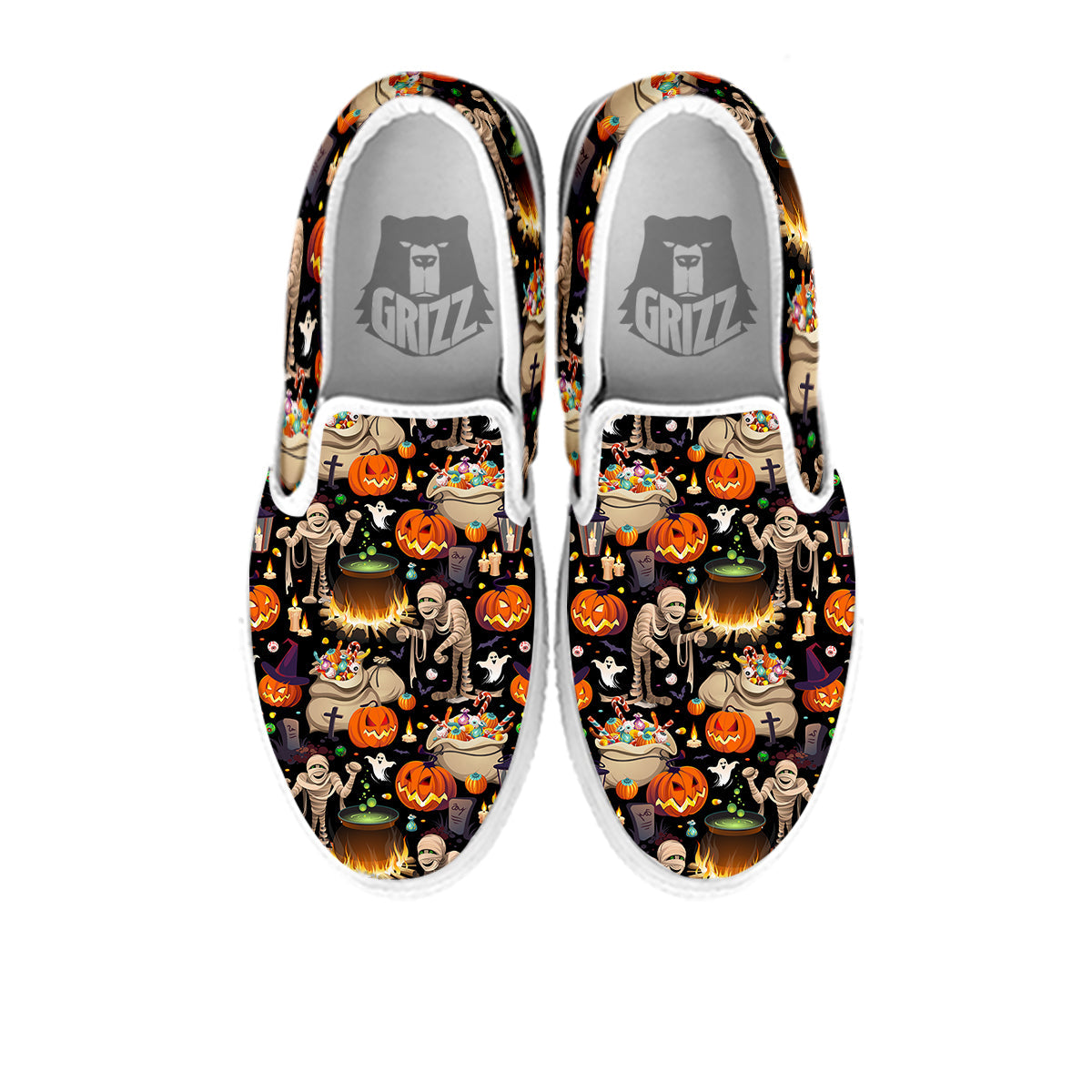 Mummy And Pumpkins Halloween Print Pattern White Slip On Shoes-grizzshop