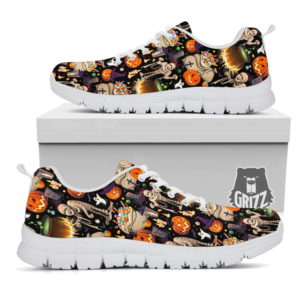 Mummy And Pumpkins Halloween Print Pattern White Sneaker-grizzshop