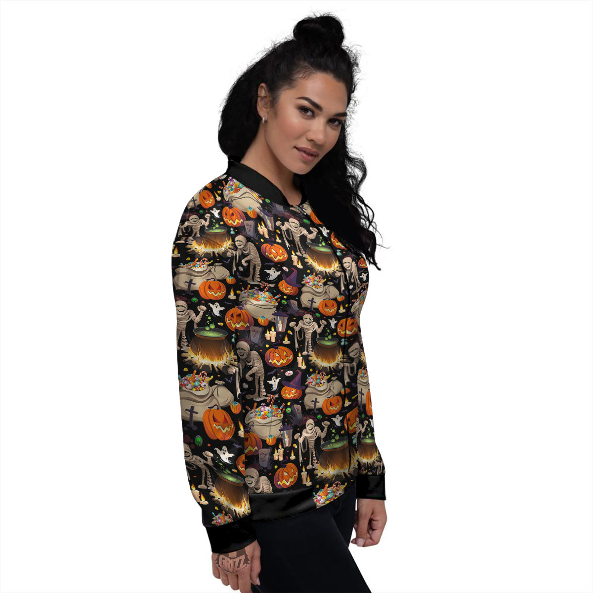 Mummy And Pumpkins Halloween Print Pattern Women's Bomber Jacket-grizzshop