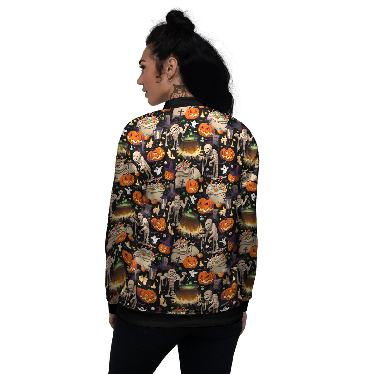 Mummy And Pumpkins Halloween Print Pattern Women's Bomber Jacket-grizzshop
