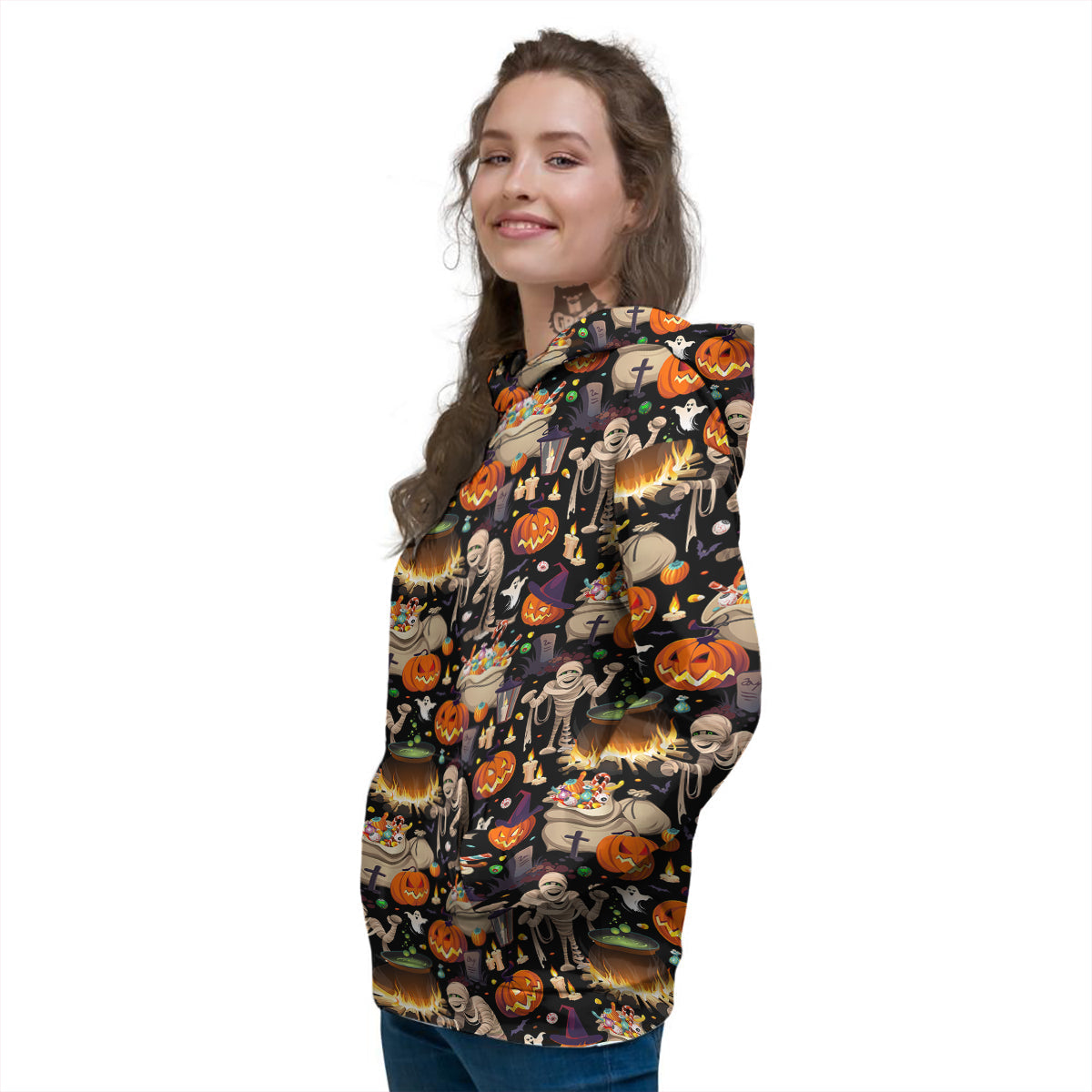 Mummy And Pumpkins Halloween Print Pattern Women's Hoodie-grizzshop