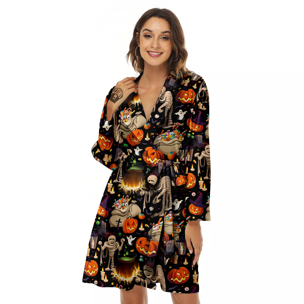 Mummy And Pumpkins Halloween Print Pattern Women's Robe-grizzshop