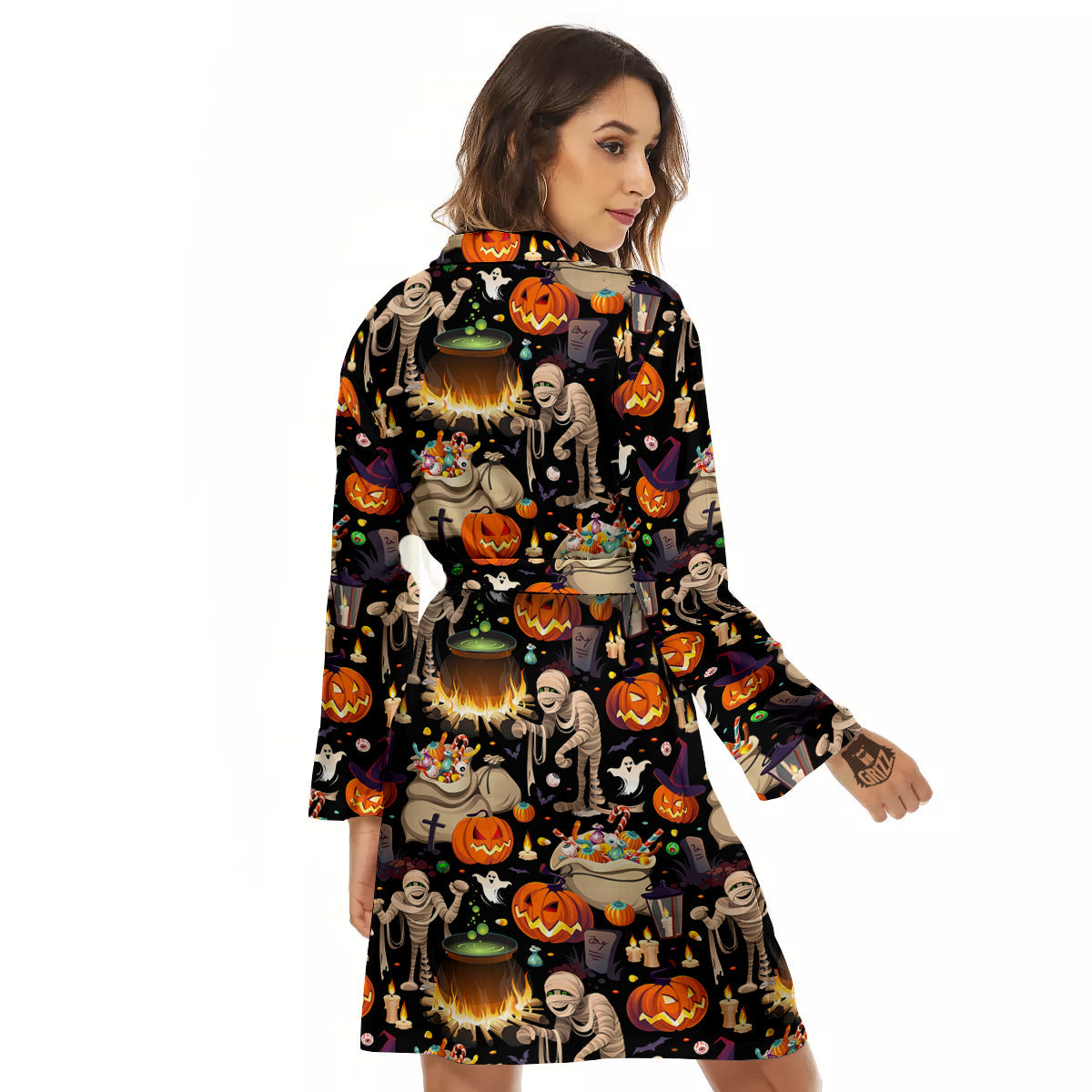 Mummy And Pumpkins Halloween Print Pattern Women's Robe-grizzshop