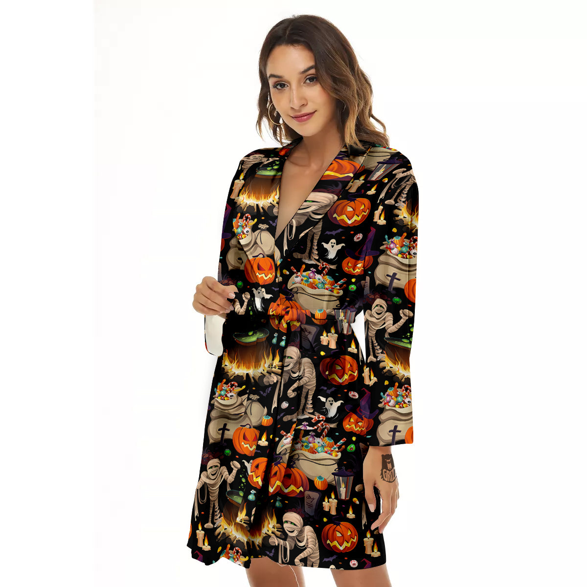 Mummy And Pumpkins Halloween Print Pattern Women's Robe-grizzshop