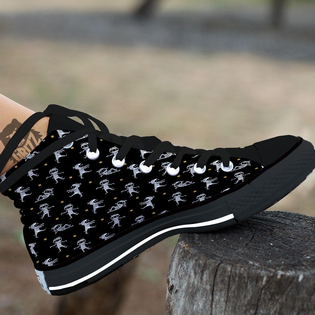 Mummy Cartoon Print Pattern Black High Top Shoes-grizzshop