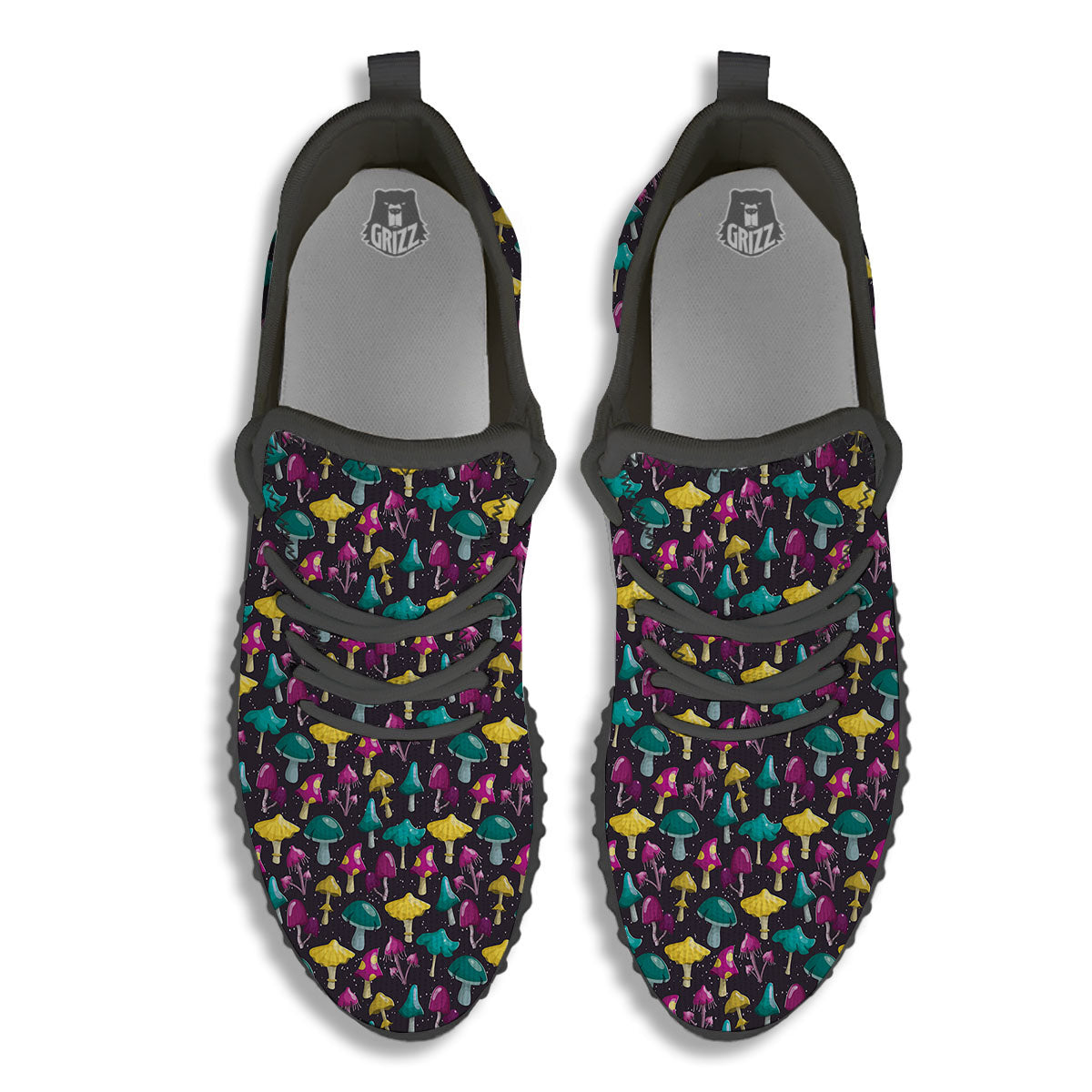 Mushroom Cartoon Print Pattern Black Walking Shoes-grizzshop