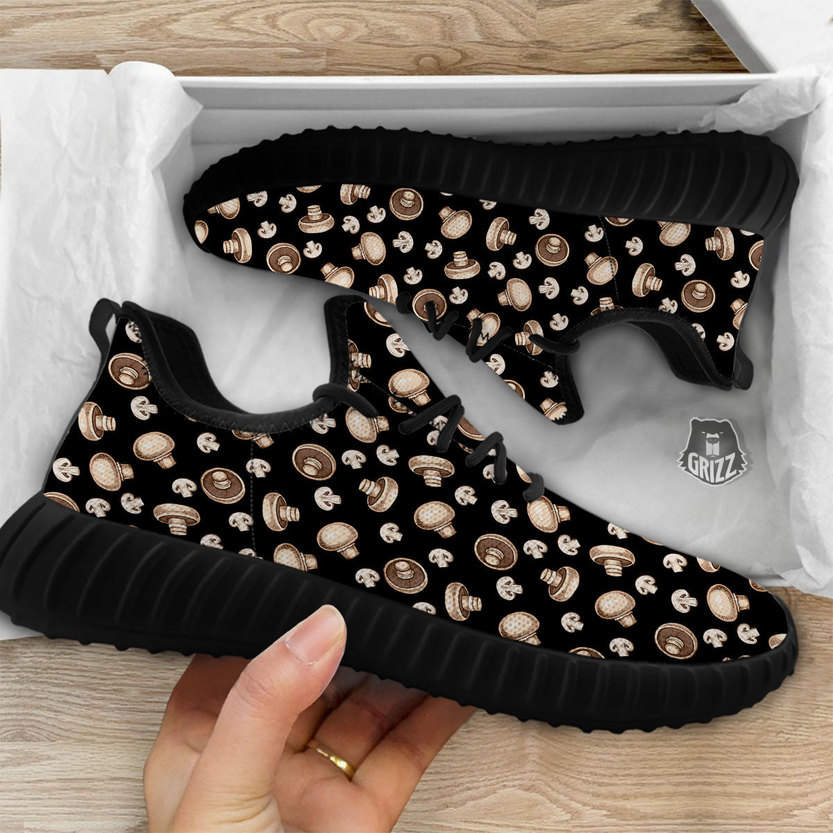 Mushroom Champignon Print Pattern Black Walking Shoes-grizzshop