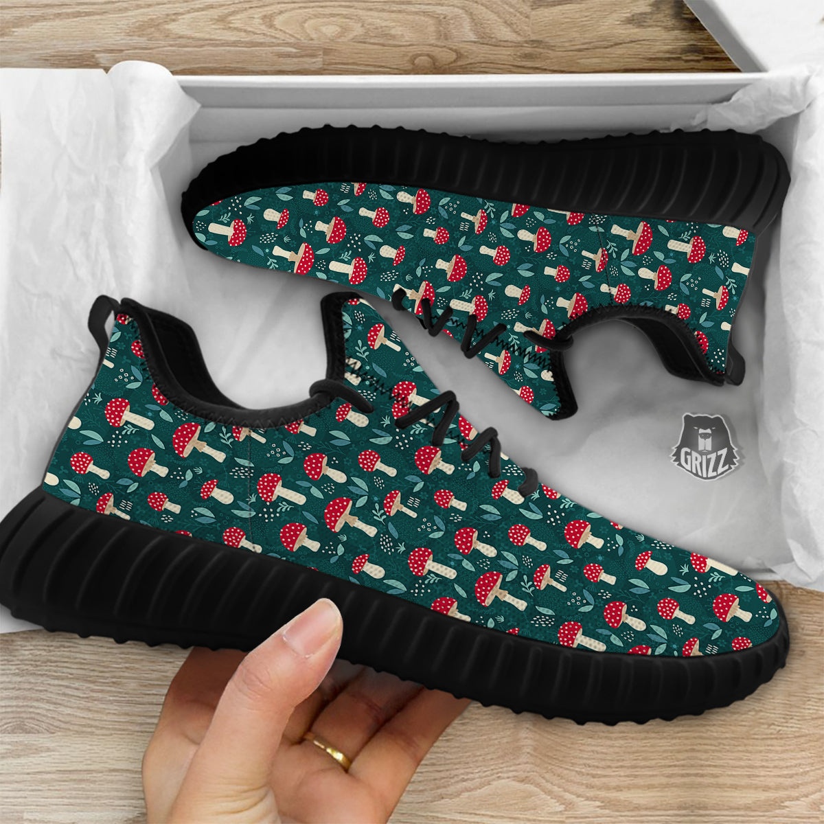 Mushroom Cute Print Pattern Black Walking Shoes-grizzshop
