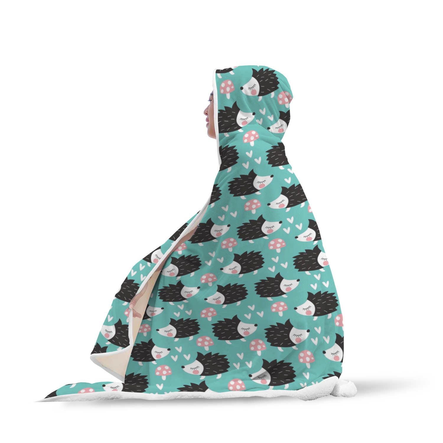 Mushroom Hedgehogs Pattern Print Hooded Blanket-grizzshop