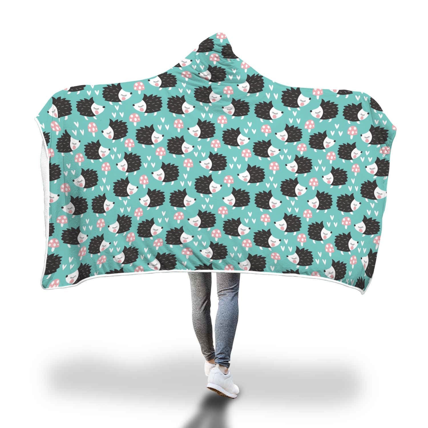 Mushroom Hedgehogs Pattern Print Hooded Blanket-grizzshop