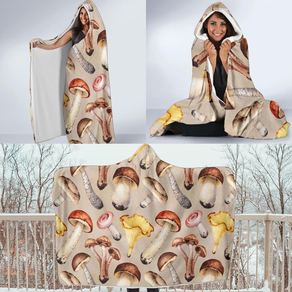 Mushroom Pattern Print Hooded Blanket-grizzshop