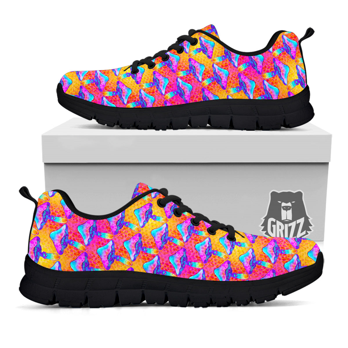 Mushroom Psychedelic Hippie Print Pattern Black Sneaker-grizzshop