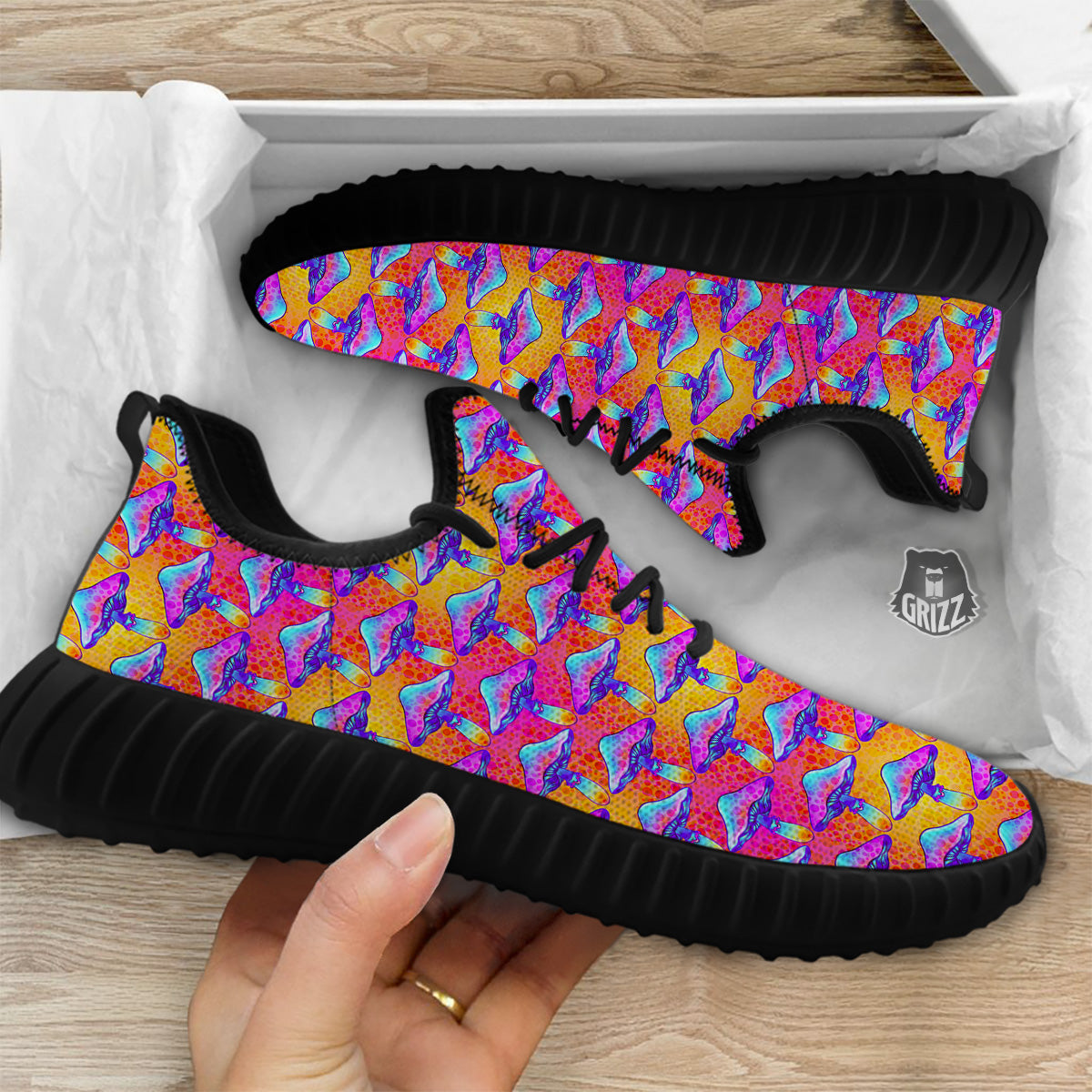 Mushroom Psychedelic Hippie Print Pattern Black Walking Shoes-grizzshop