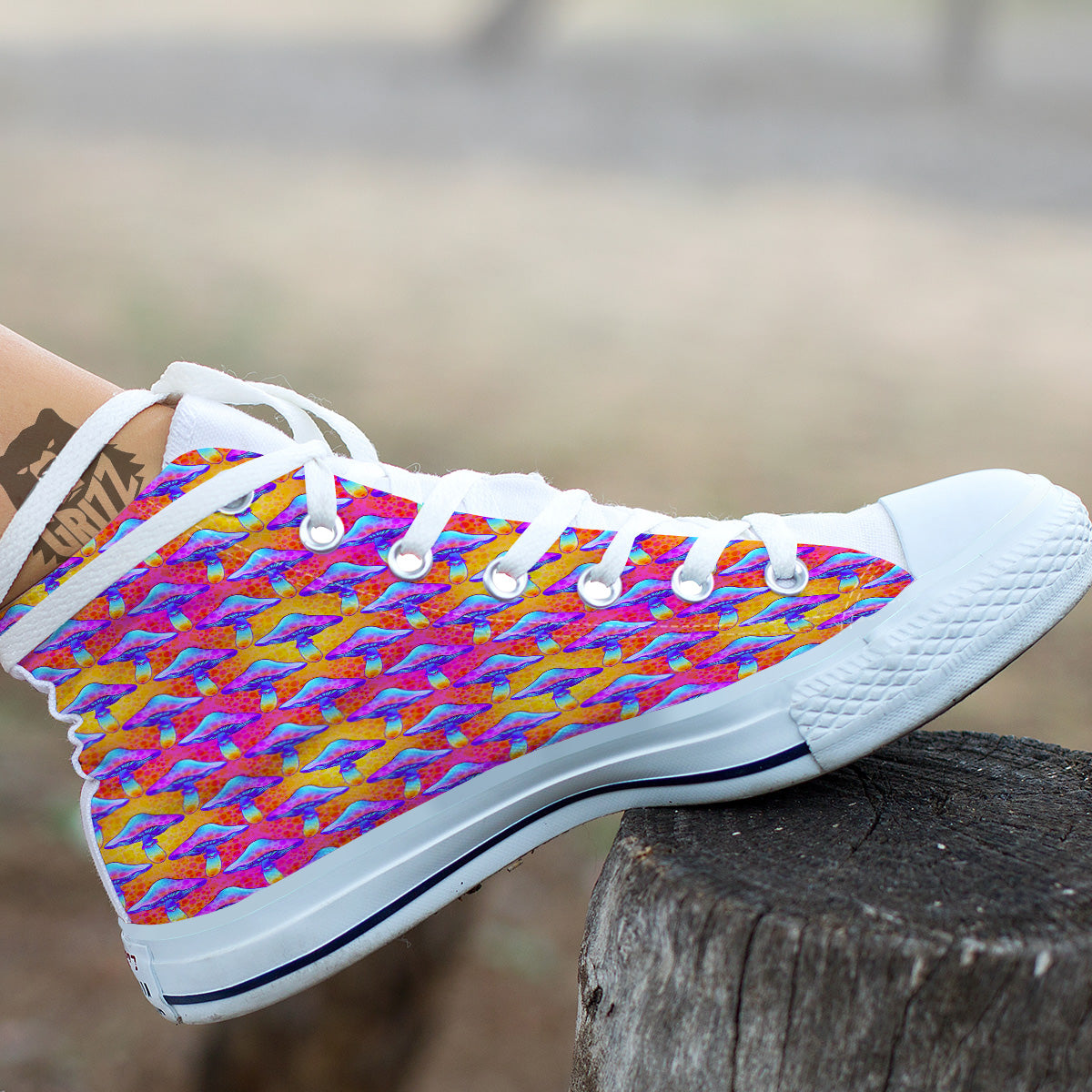 Mushroom Psychedelic Hippie Print Pattern White High Top Shoes-grizzshop