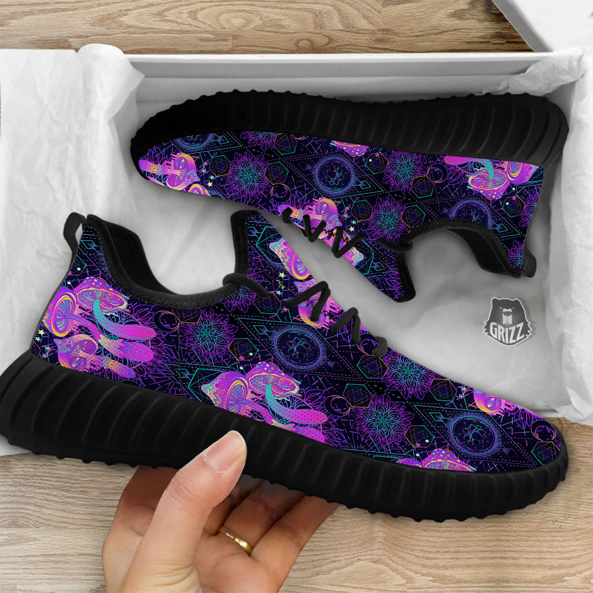 Mushroom Psychedelic Print Pattern Black Walking Shoes-grizzshop