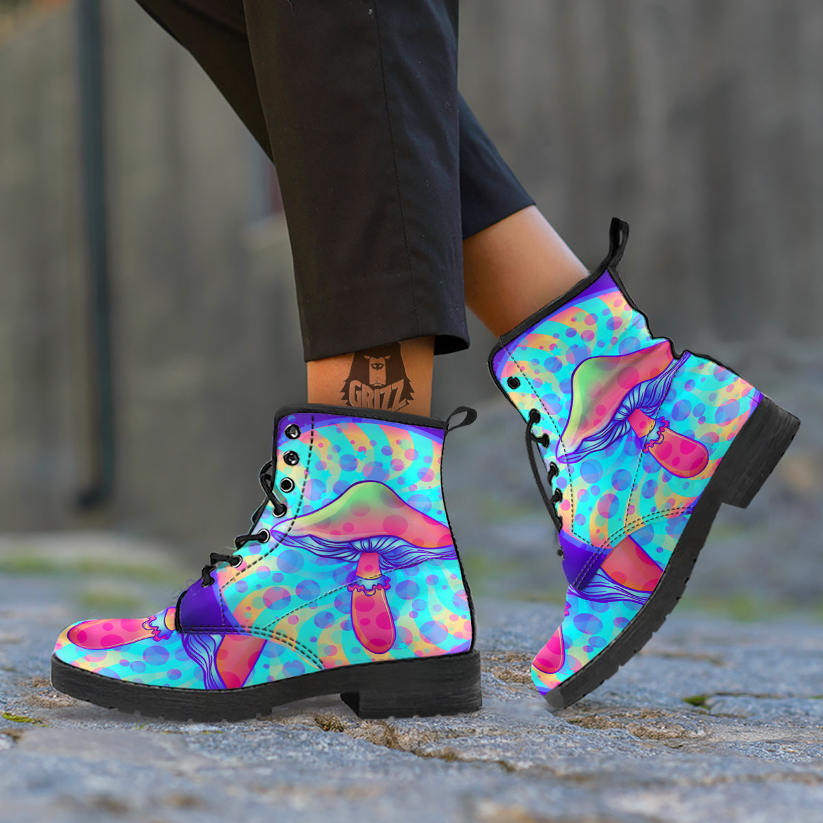 Mushrooms Psychedelic Print Leather Boots-grizzshop