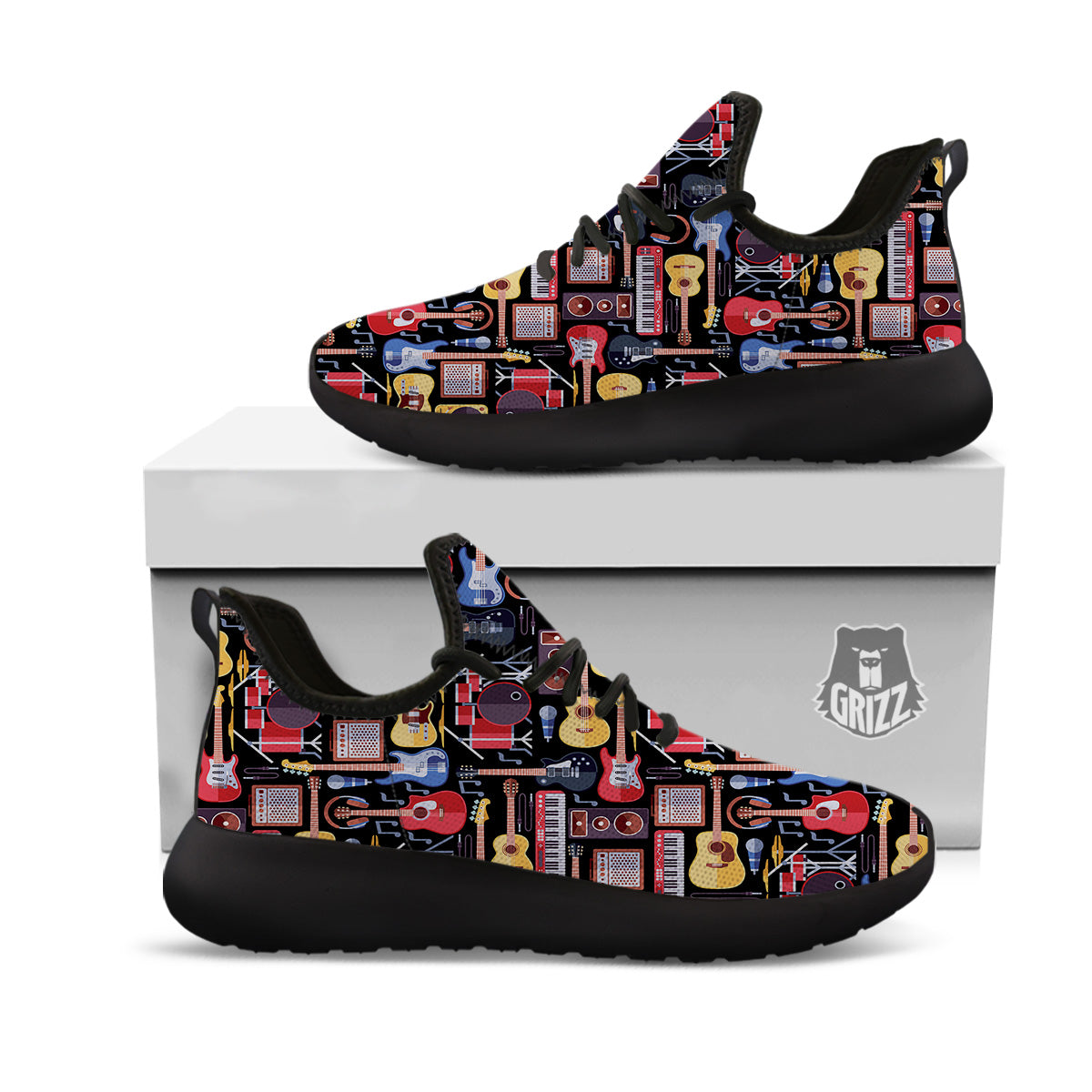 Music Instruments Print Pattern Black Athletic Shoes-grizzshop