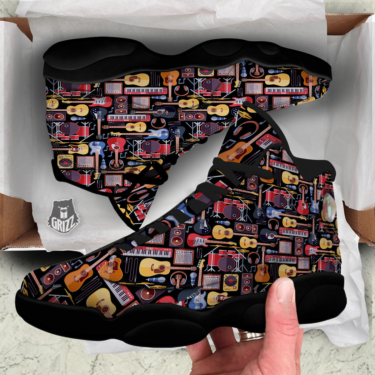 Music Instruments Print Pattern Black Basketball Shoes-grizzshop