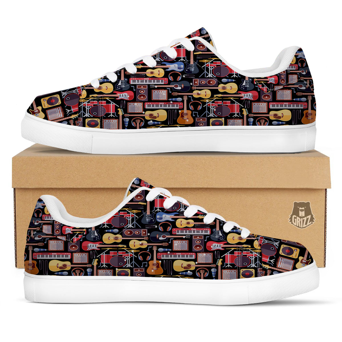 Music Instruments Print Pattern White Low Top Sneakers-grizzshop