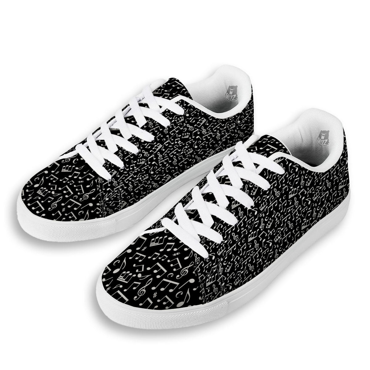 Music Note White And Black Print Pattern White Low Top Sneakers-grizzshop