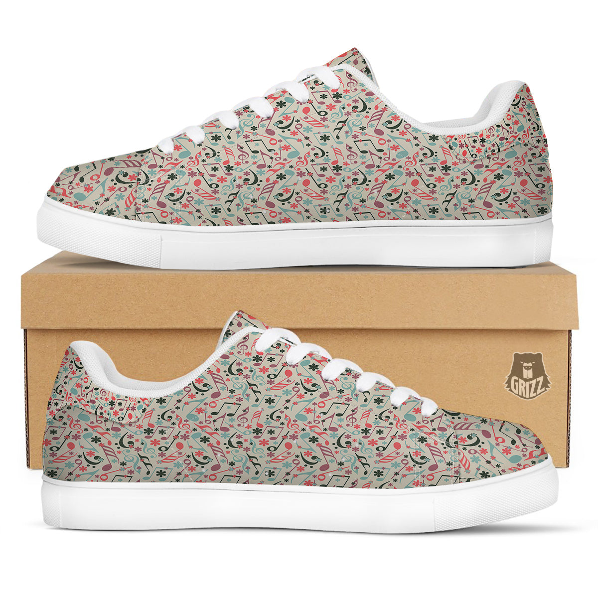 Music Notes Cute Print Pattern White Low Top Sneakers-grizzshop