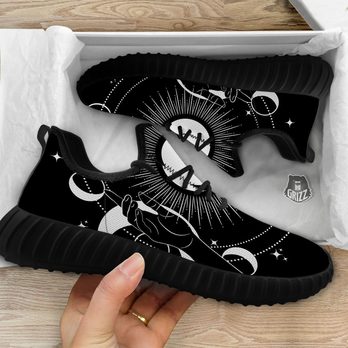 Mystic Wicca White And Black Print Black Walking Shoes-grizzshop