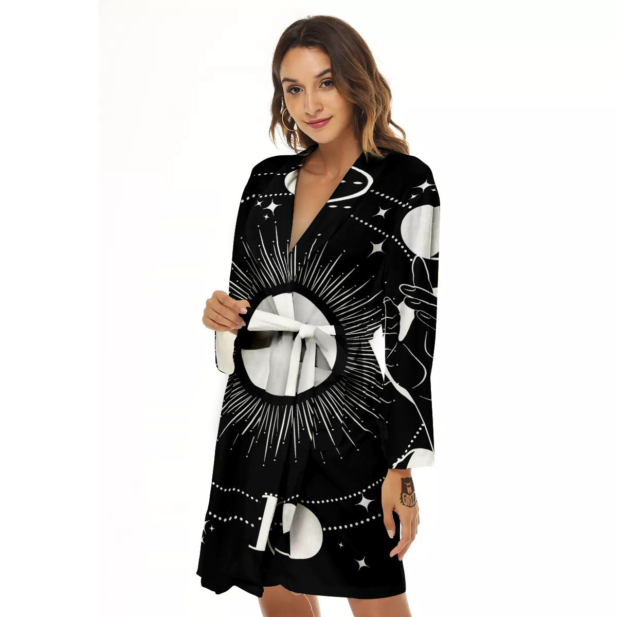 Mystic Wicca White And Black Print Women's Robe-grizzshop