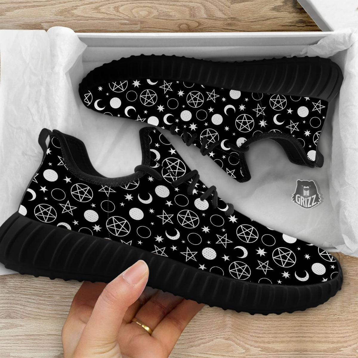 Mystic Witch White And Black Print Black Walking Shoes-grizzshop