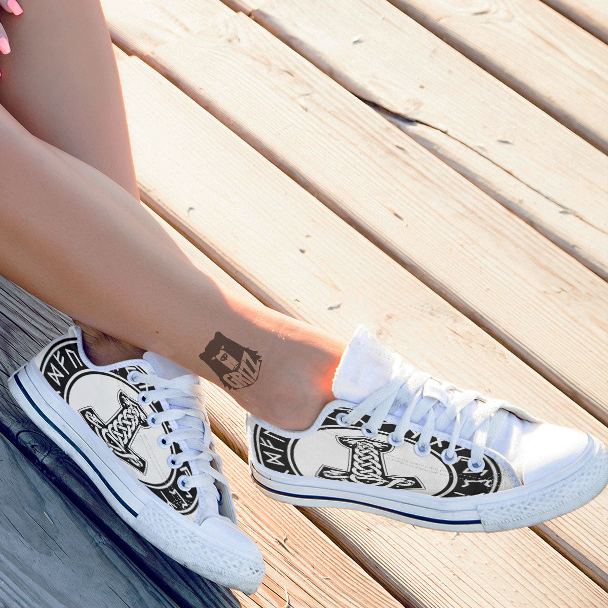 Mythology Mjolnir Norse Print White Low Top Shoes-grizzshop